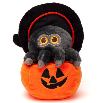 Halloween plushie of a gray spider in an orange pumpkin zip-up basket, front view