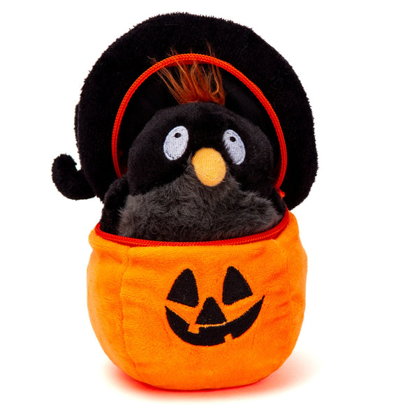 Halloween plush toy of a black crow in a 6-inch orange pumpkin zip-up basket, front view