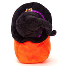 Back view of Halloween crow plush folded over its pumpkin zip-up basket