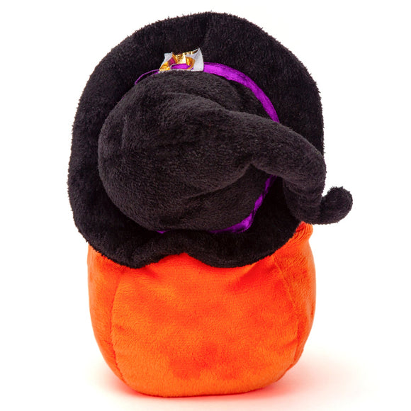 Back view of Halloween crow plush folded over its pumpkin zip-up basket