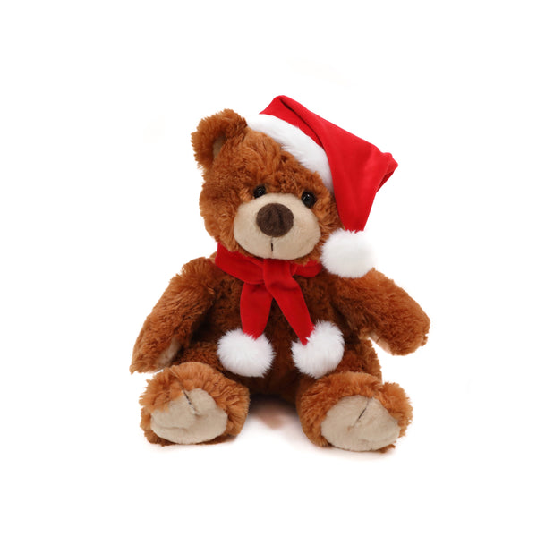 12" Sitting Xmas Noah Bear Honey Plush Toy, A Cozy Brown Bear Wearing A Festive Red Santa Hat And Scarf by Plushland.