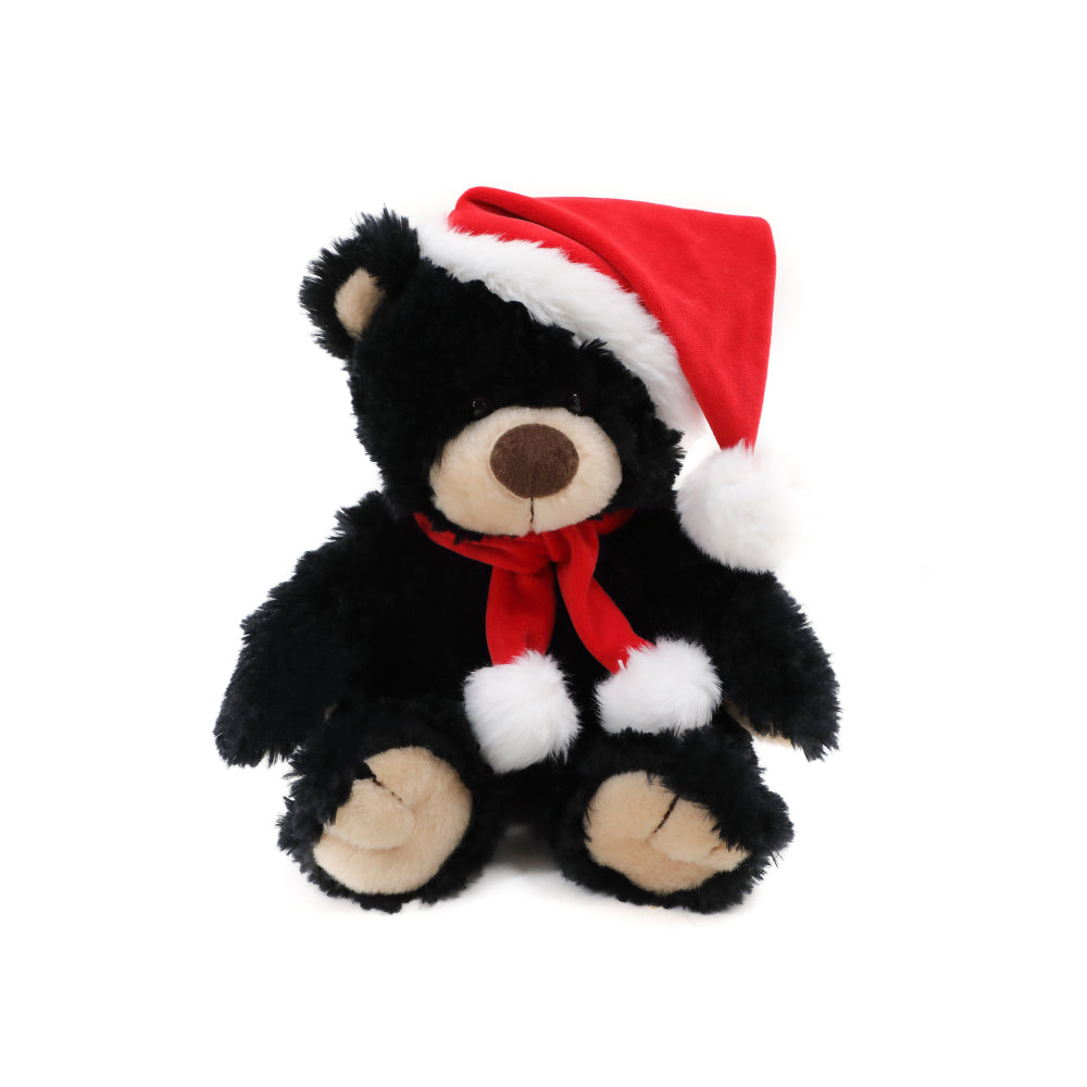 12" Sitting Xmas Noah Bear Black Plush Toy, A Cozy Brown Bear Wearing A Festive Red Santa Hat And Scarf by Plushland.