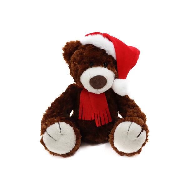 12" Sitting Chocolate Teddy Bear Named Logan, Wearing Festive Holiday-Themed Accessories Such As a Red Scarf and Santa Hat by Plushland/