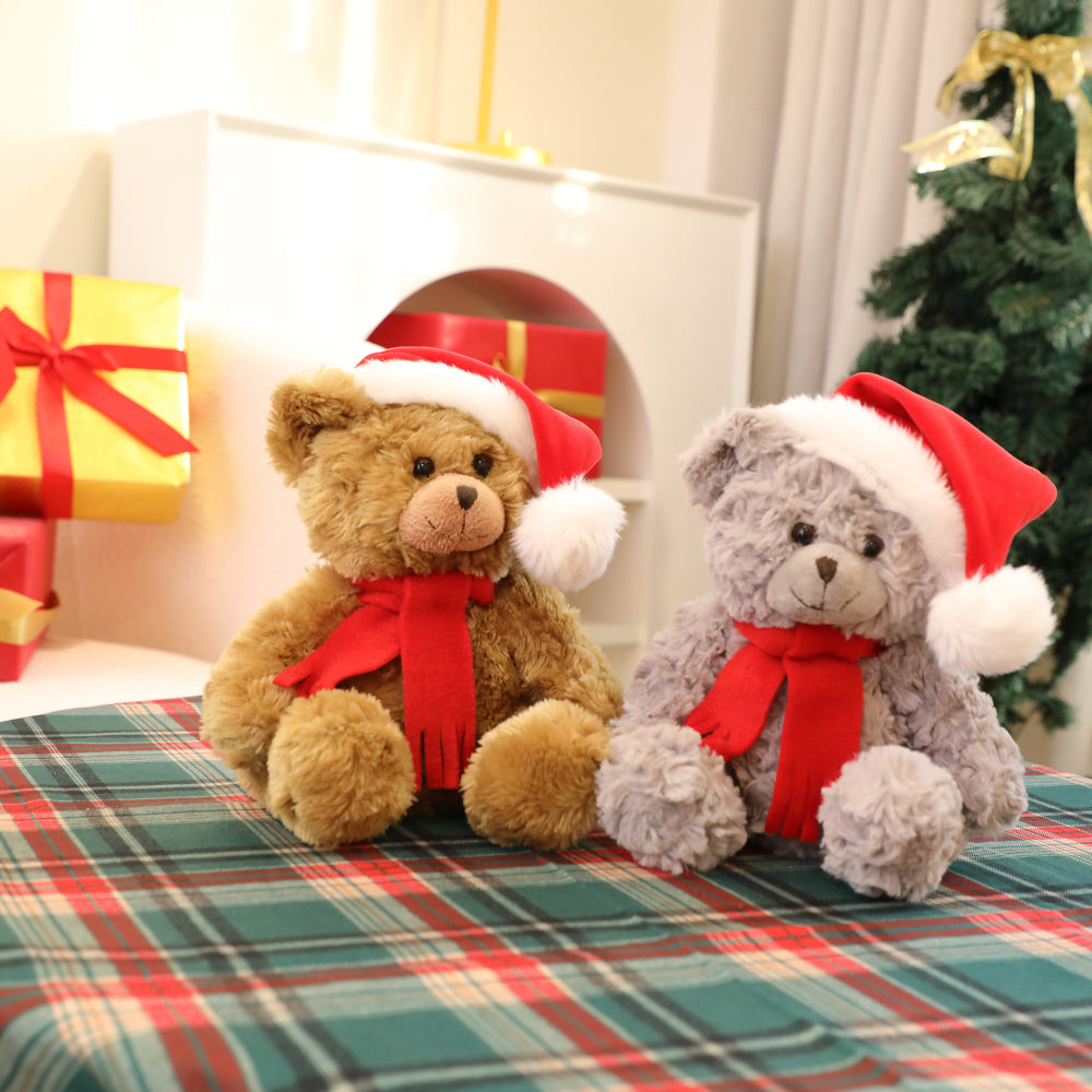 10" Sitting in Bed Xmas Duffy Bear in Brown & Gray , Featuring a Festive Holiday Design by Plushland.