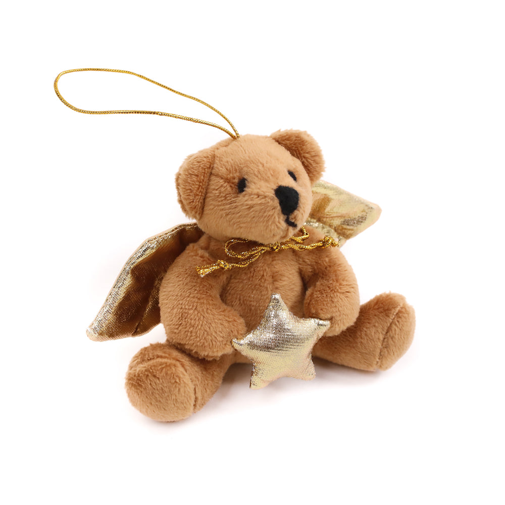 4" Xmas Angel Bear Ornament Plush Toy Sitting Right Side, Featuring Golden Angel Wings by Plushland.