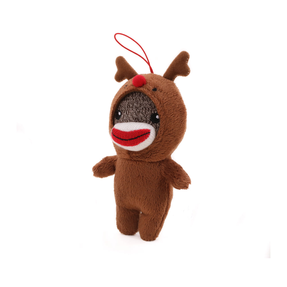 4" Sockiez Reindeer Ornament Plush toy Standing Left Side, Featuring a Festive Design with Soft Fabric by Plushland.