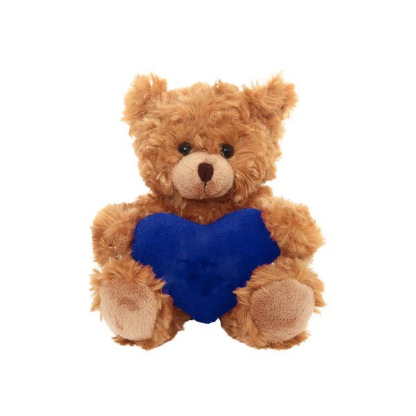 6" Sitting Mocha Bear in Custom Heart, Holding a Blue Heart and Soft Fur by Plushland.