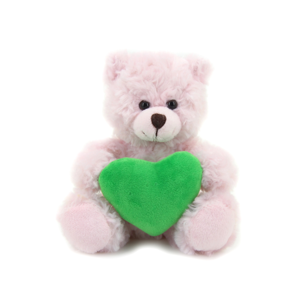 9" Sitting Pink Bear with Custom Heart, Holding a Green Heart and Soft Fur by Plushland.