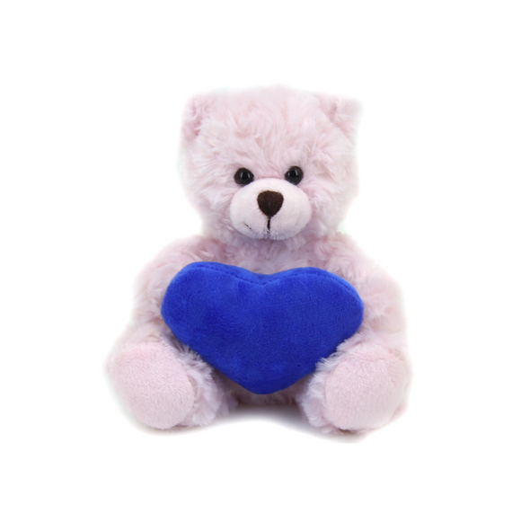9" Sitting Pink Bear with Custom Heart, Holding a Royal Blue Heart and Soft Fur by Plushland.