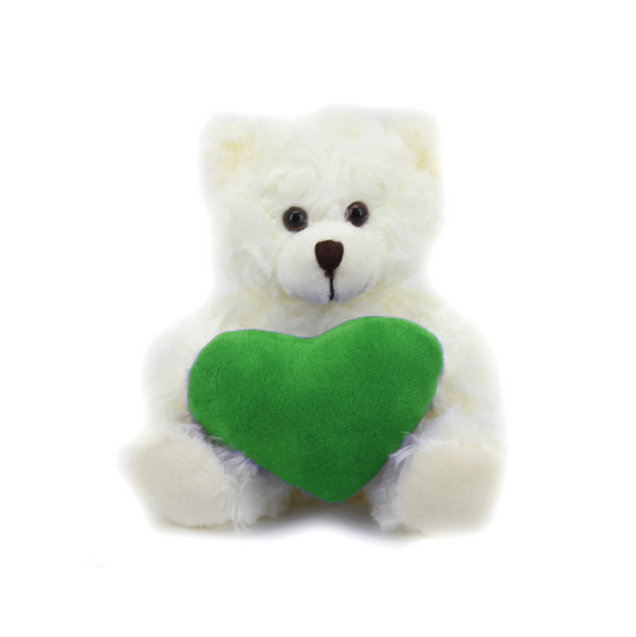 9" Sitting Cream Bear with Custom Green Heart, Soft Fur, Holding a Personalized Heart by Plushland.