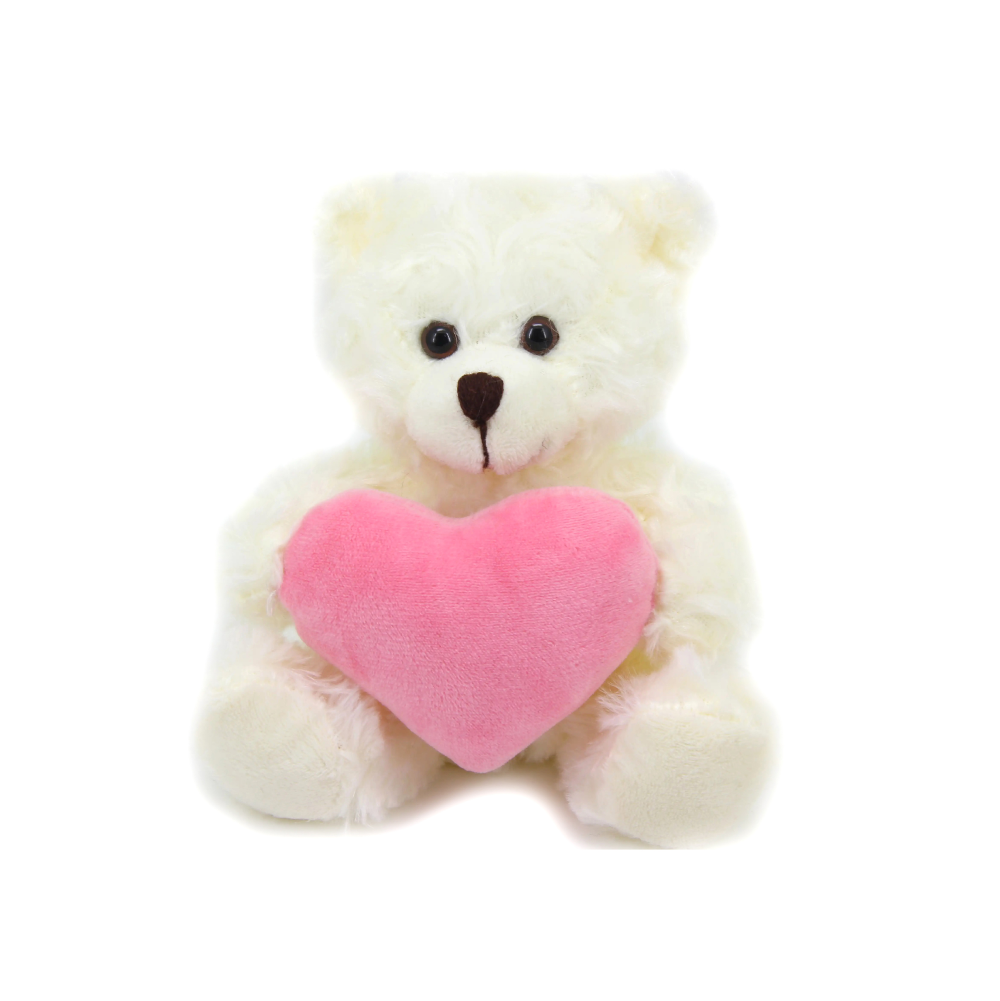 9" Sitting Cream Bear with Custom Pink Heart, Soft Fur, Holding a Personalized Heart by Plushland.