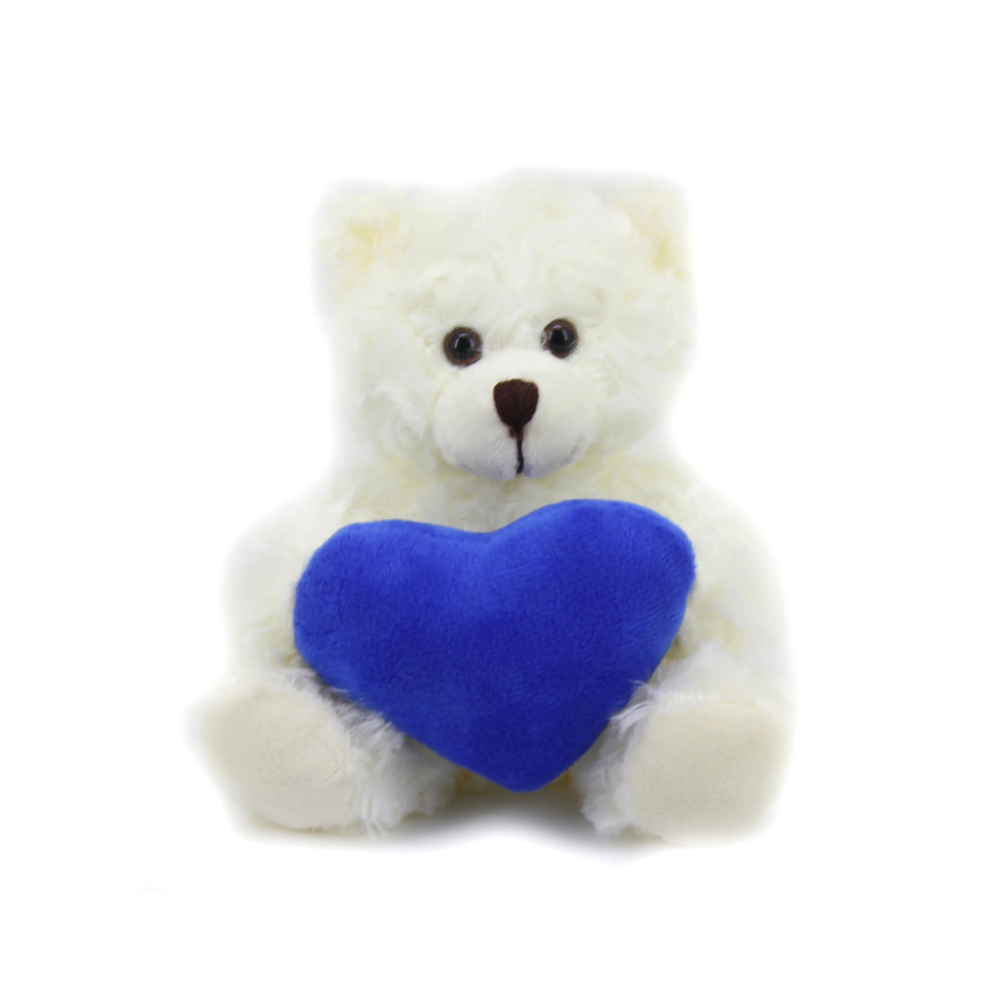 9" Sitting Cream Bear with Custom Royal Blue Heart, Soft Fur, Holding a Personalized Heart by Plushland.