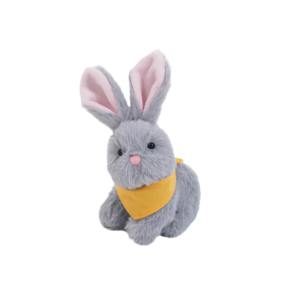 6" Sitting Gray Bunny with Yellow Bandana, Featuring Soft and a Cute Bandana Detail by Plushland.






