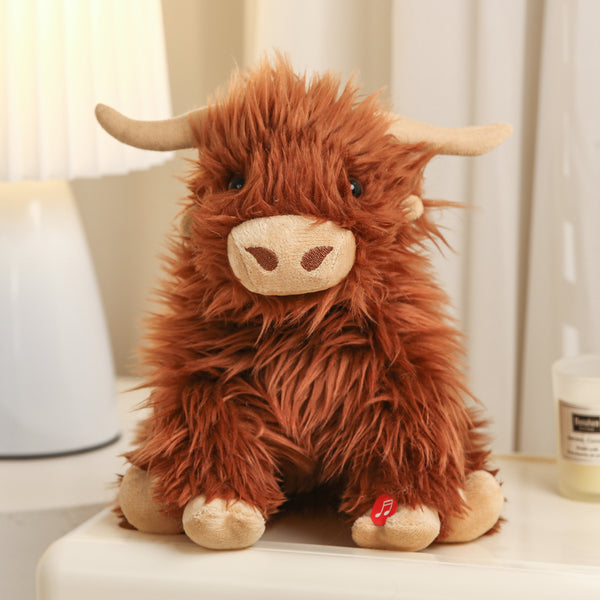 10" Highland Cow with Moo Sound, Featuring Soft and Sitting on a Cute Base by Plushland.