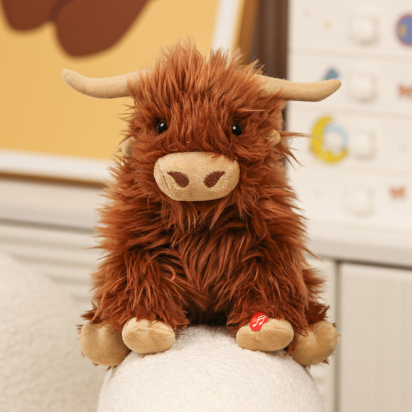 10" Highland Cow with Moo Sound, Featuring Soft and Sitting on a Cute Base by Plushland.