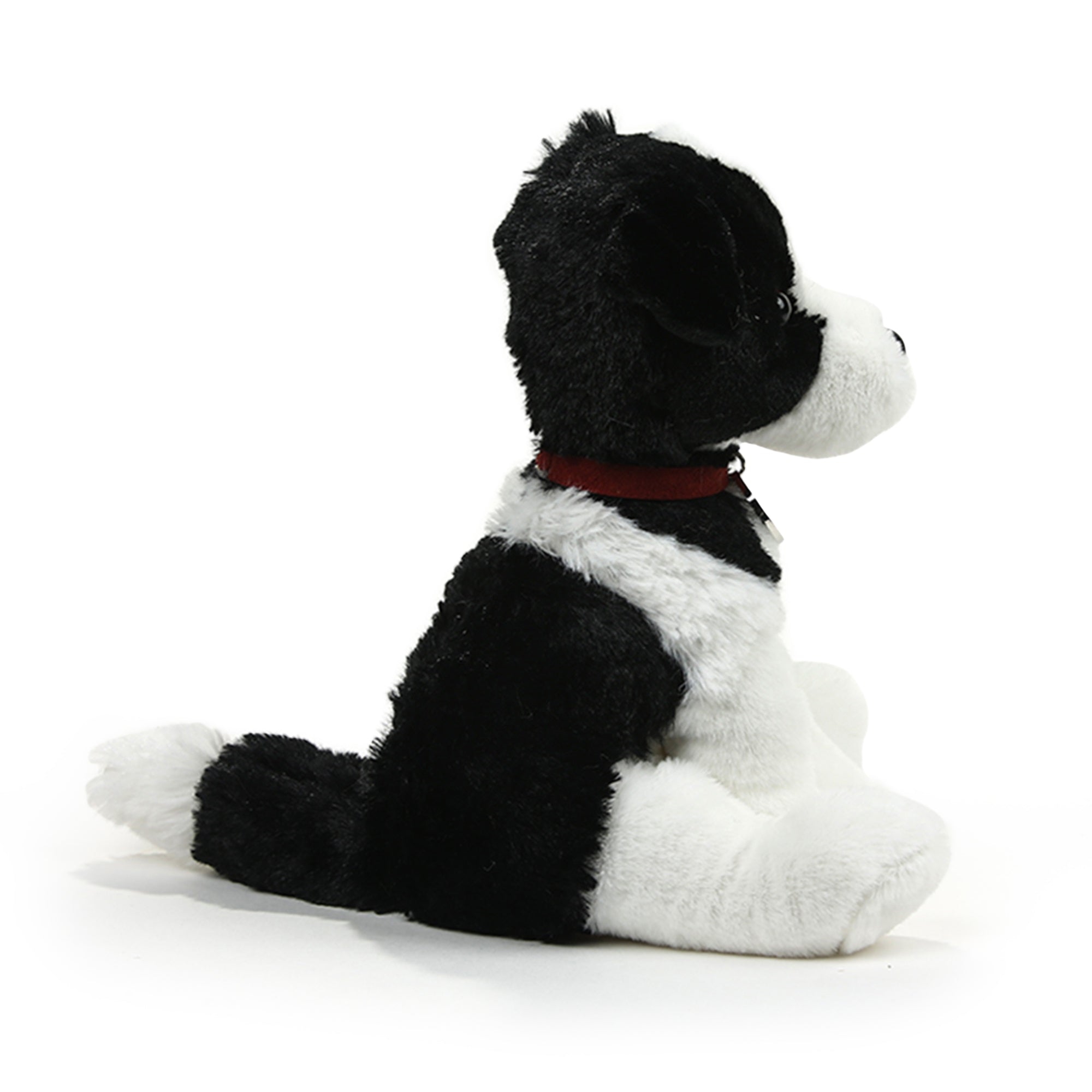 8" Sitting Right Side Oreo the Border Collie with Collar, Featuring Soft Fur and an Adorable Design by Plushland.