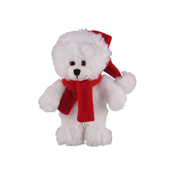 8" Standing White Bear with Hat & Scarf, Featuring Soft Fur and a Festive Design by Plushland.