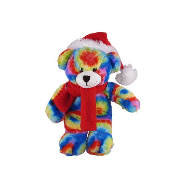 8" Standing Rainbow Bear with Hat & Scarf, Featuring Soft Fur and a Colorful Design by Plushland.