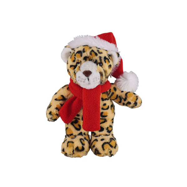 8" Standing Leopard with Red Hat and Scarf, Featuring Soft Fur and a Stylish Winter Design by Plushland.