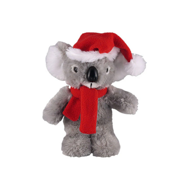 8" Standing Koala with Hat and Red Scarf, Featuring Soft Fur and a Festive Winter Design by Plushland.