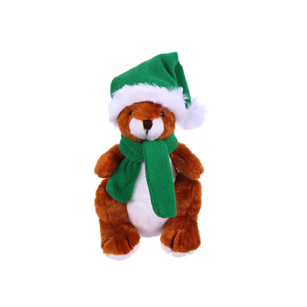 8" Sitting Kangaroo with Green Hat and Scarf , Featuring Soft Fur and a Festive Winter Design by Plushland.