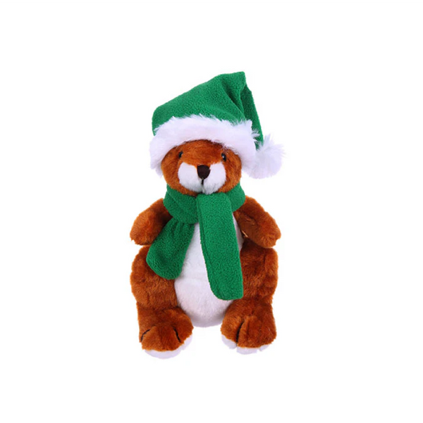 8" Sitting Kangaroo with Green Hat and Scarf , Featuring Soft Fur and a Festive Winter Design by Plushland.