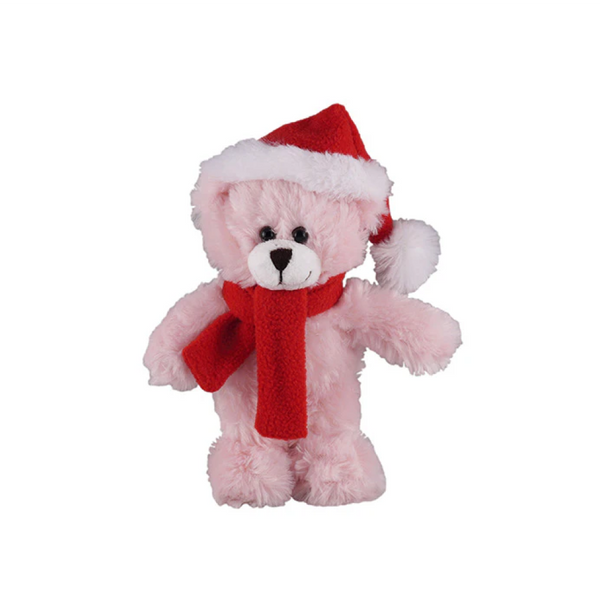 12" Standing Pink Bear with Hat and Scarf, Featuring Soft Fur and a Cozy Winter Design by Plushland.