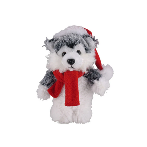 12" Standing Husky with Hat and Scarf, Featuring Soft Fur and a Festive Design by Plushland.