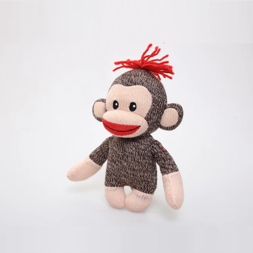 6" Curioso Sock Monkey Plush Toy Standing Left Side, A Playful Sock Monkey With Classic Knitted Features by Plushland.