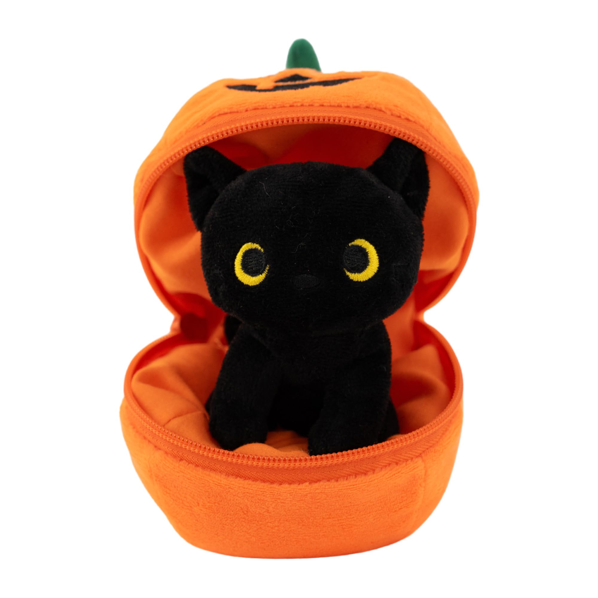 Spooky Surprise in a Pumpkin Plushland's Halloween Pumpkin Zip-Up Black Cat 6" features a cuddly black cat hidden inside a zippered pumpkin for festive fun.