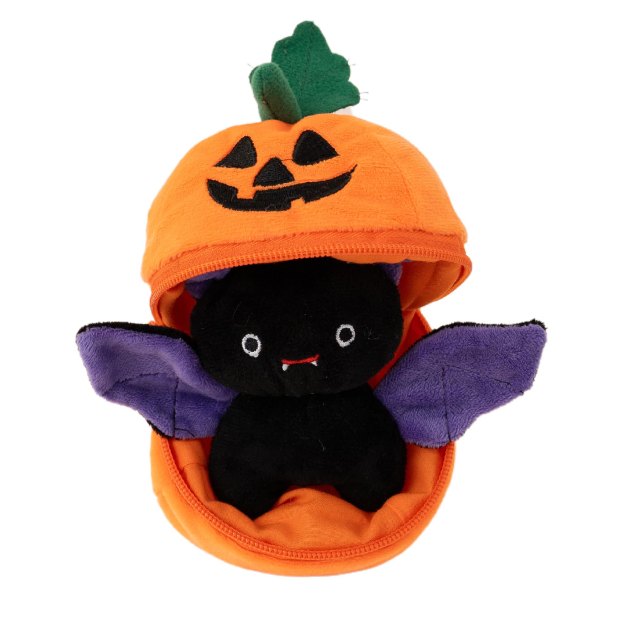 Spooky Surprise in a Pumpkin Plushland's Halloween Pumpkin Zip-Up Bat 6" features a cuddly bat hidden inside a zippered pumpkin, adding festive fun to Halloween celebrations.