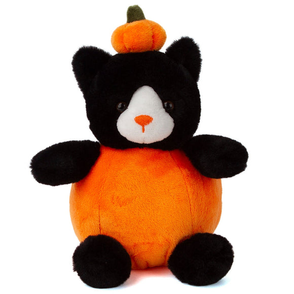 Halloween stuffed animal of a black cat in an orange pumpkin costume, front view