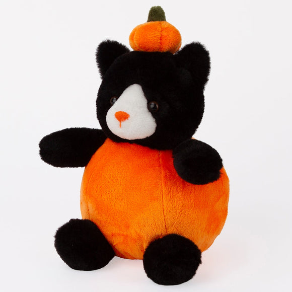 Black cat Halloween stuffed toy in an orange pumpkin costume, three-quarter view