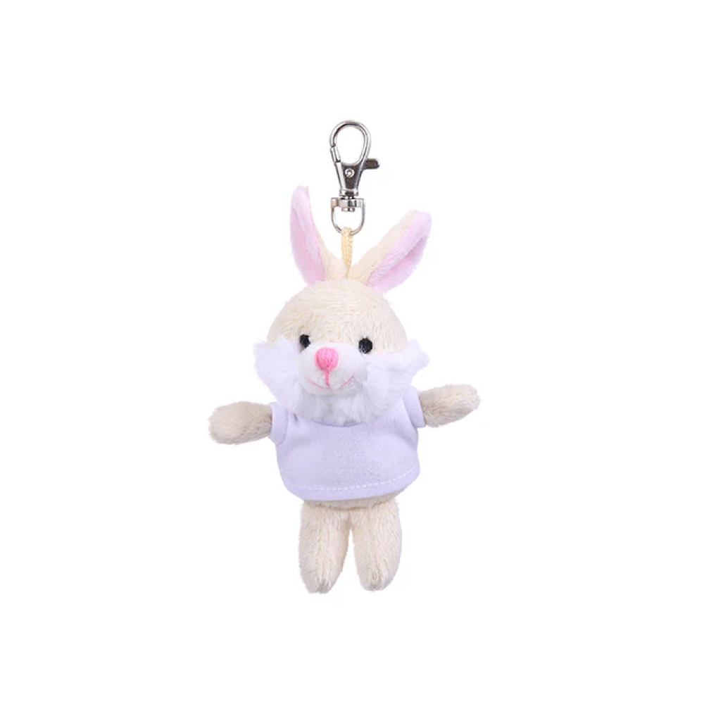 4" Bunny Keychain with White,  Featuring Soft Fur and a Cute T-Shirt by Plushland.