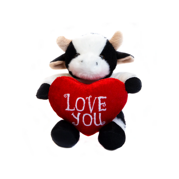 9" Sitting Cow Coco the Curly Bear Holding Heart, Soft Curly Fur and Adorable Design by Plushland.