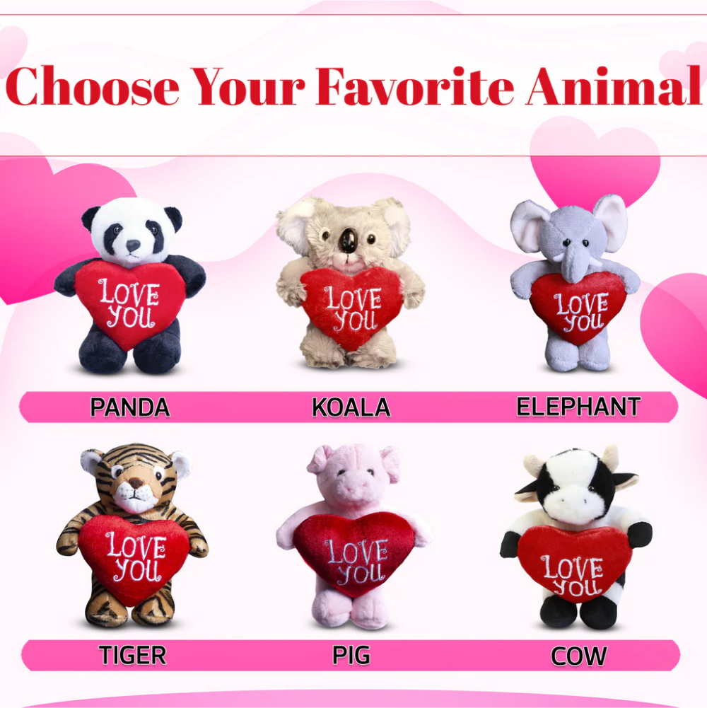 9" Group of Animals with Coco the Curly Bear Holding Heart, Soft Fur and Adorable Design by Plushland.