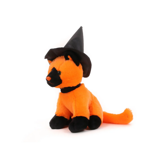 7" Orange Halloween Witch Cat Plush Toy Sitting Left Side with a Black Witch Hat by Plushland