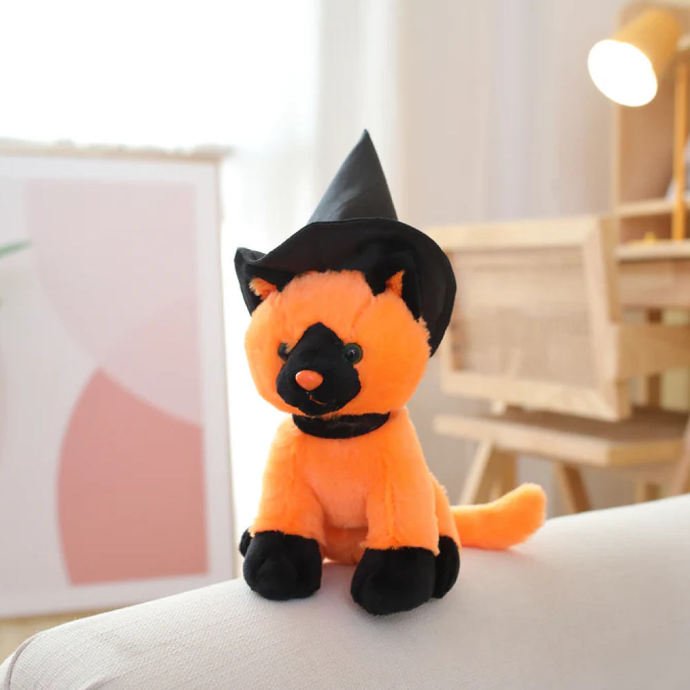 7" Orange Halloween Witch Cat Plush Toy Sitting Left Side with a Black Witch Hat by Plushland