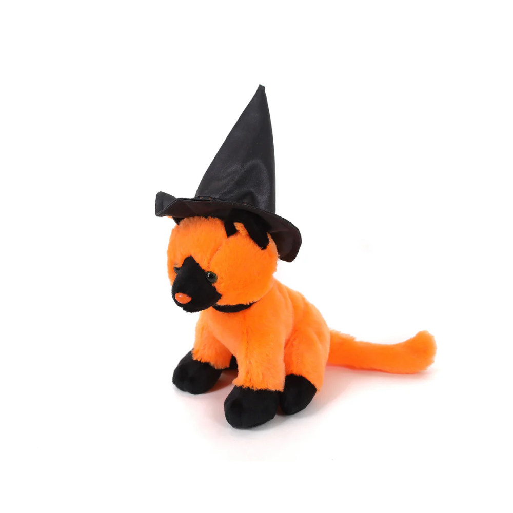 7" Orange Halloween Witch Cat Plush Toy Sitting Left Side with a Black Witch Hat by Plushland