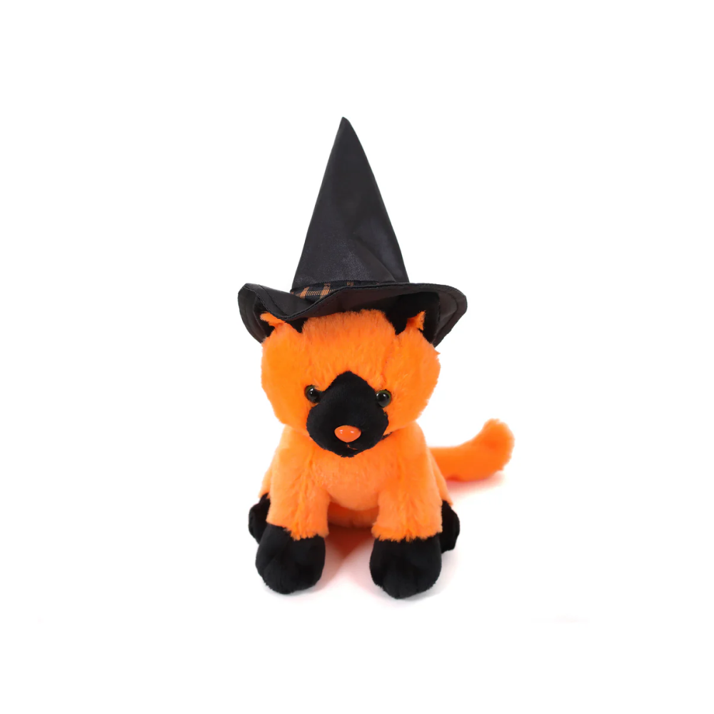 7" Orange Halloween Witch Cat Plush Toy Sitting Front Side with a Black Witch Hat by Plushland