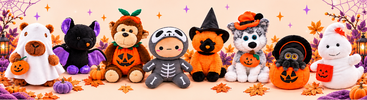 Plushland Halloween plush collection with capybara, bat, pumpkin monkey, skeleton, witch cat, husky, spider and ghost