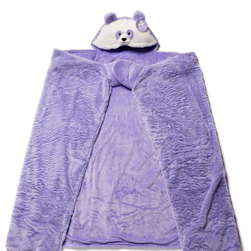 Purple weighted panda plush blanket with bear hood on a white background