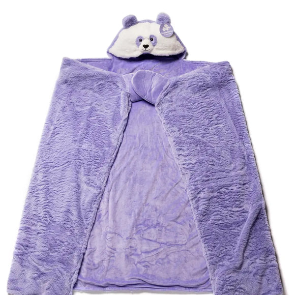 Purple weighted panda plush blanket with bear hood on a white background