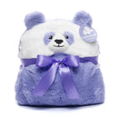 Plush weighted panda toy with a purple bow and tag on a white background