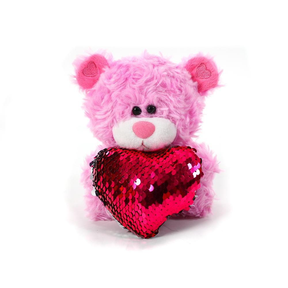 6" Sitting Pink Bear with Sequin Red Heart, Holding a Red Heart, Soft Fur, and Sparkling Heart by Plushland.