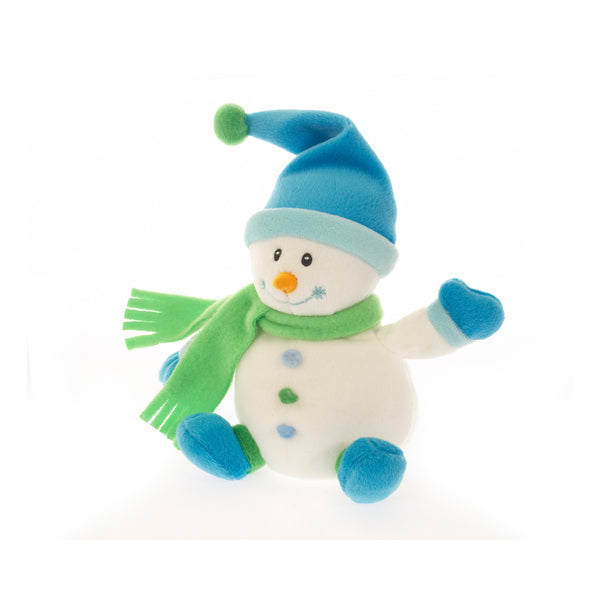 6" Xmas Baby Snowman Blue Plush Toy Sitting Left Side, A Cute Snowman Dressed In Pink Winter Accessories by Plushland.