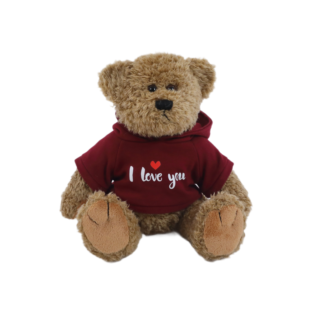 12" Sitting Oatmeal Bear in Maroon Hoodie, Soft Fur and Cute Love Design by Plushland.