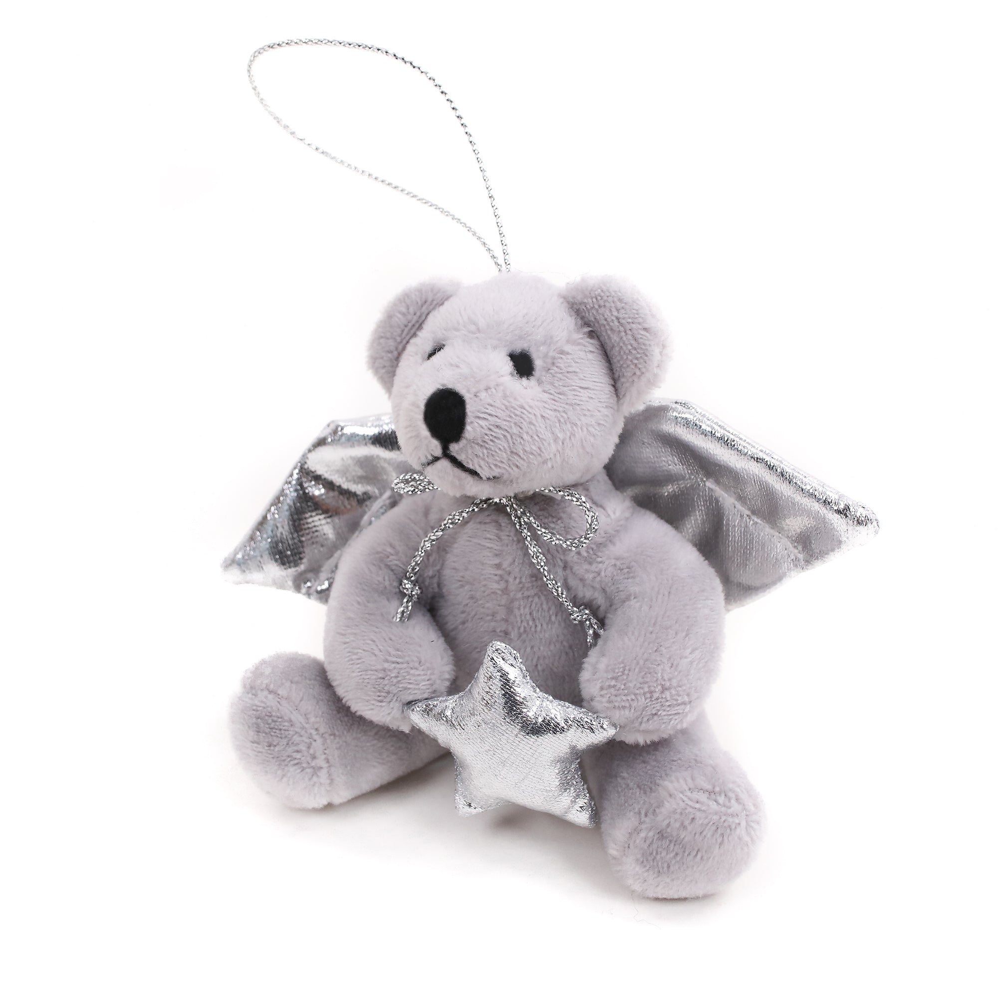 4" Xmas Angel Bear Ornament Plush Toy Sitting Left Side, Featuring Silver Angel Wings by Plushland.