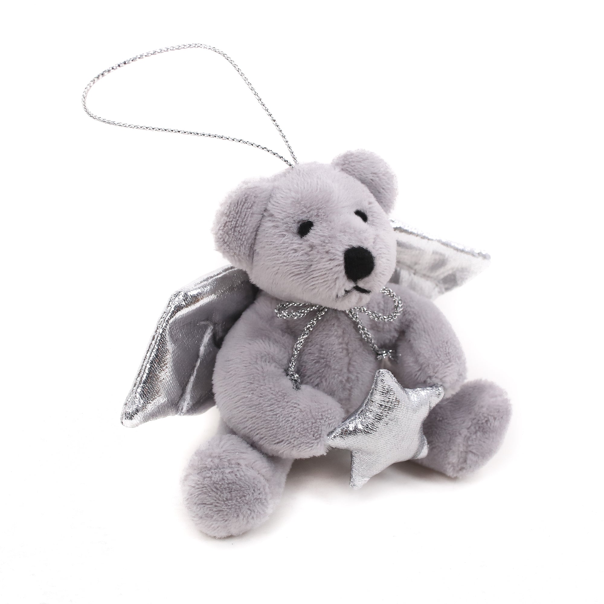 4" Xmas Angel Bear Ornament Plush Toy Sitting Right Side, Featuring Silver Angel Wings by Plushland.