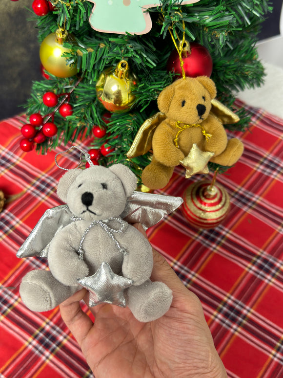 4" Xmas Angel Bear plush with golden wings, being held.